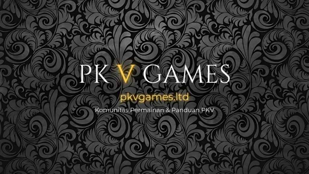 Banner PKV Games LTD dengan tulisan PKV GAMES, domain pkvgames.ltd, dan motif damask hitam-emas
